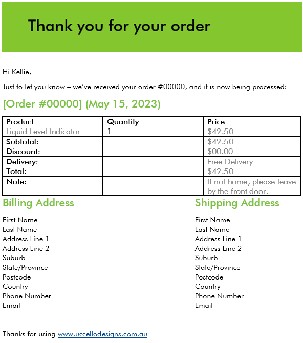 Liquid Level Indicator Order confirmation sample email