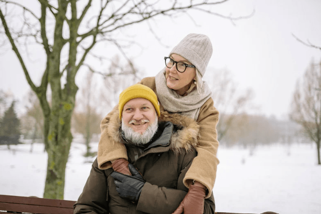 Elderly couple on a winter walk