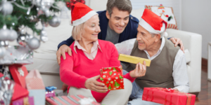 Son with his elderly parents at Christmas