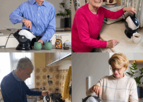 Elderly men and woman using the Uccello Tipping Kettle to make tea and coffee