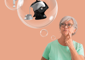 Elderly woman thinking and looking up at the Uccello Tipping Kettle