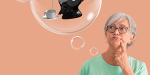 Elderly woman thinking and looking up at the Uccello Tipping Kettle