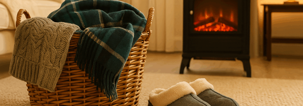 A warmly lit living room during winter, featuring a cosy armchair, a throw blanket, and a glowing lamp near a window with cold weather outside.