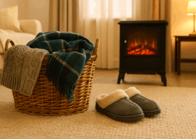 A warmly lit living room during winter, featuring a cosy armchair, a throw blanket, and a glowing lamp near a window with cold weather outside.