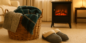 A warmly lit living room during winter, featuring a cosy armchair, a throw blanket, and a glowing lamp near a window with cold weather outside.