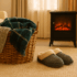 A warmly lit living room during winter, featuring a cosy armchair, a throw blanket, and a glowing lamp near a window with cold weather outside.