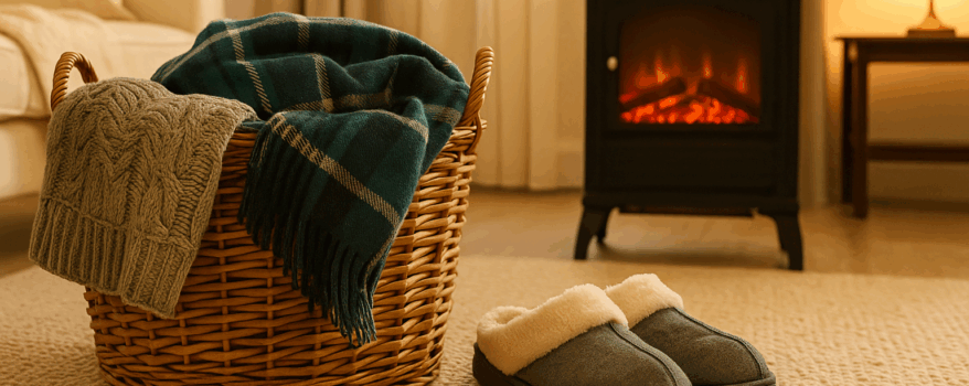 A warmly lit living room during winter, featuring a cosy armchair, a throw blanket, and a glowing lamp near a window with cold weather outside.