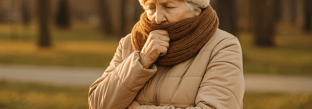 An elderly woman sits comfortably in a warmly lit living room, wrapped in a soft blanket, sipping a hot drink. The room has a cosy, inviting feel, with warm tones and gentle lighting creating a safe, relaxing winter atmosphere.
