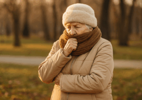 An elderly woman sits comfortably in a warmly lit living room, wrapped in a soft blanket, sipping a hot drink. The room has a cosy, inviting feel, with warm tones and gentle lighting creating a safe, relaxing winter atmosphere.