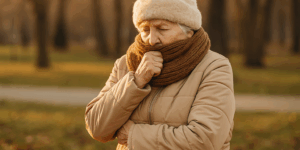An elderly woman sits comfortably in a warmly lit living room, wrapped in a soft blanket, sipping a hot drink. The room has a cosy, inviting feel, with warm tones and gentle lighting creating a safe, relaxing winter atmosphere.