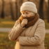 An elderly woman sits comfortably in a warmly lit living room, wrapped in a soft blanket, sipping a hot drink. The room has a cosy, inviting feel, with warm tones and gentle lighting creating a safe, relaxing winter atmosphere.