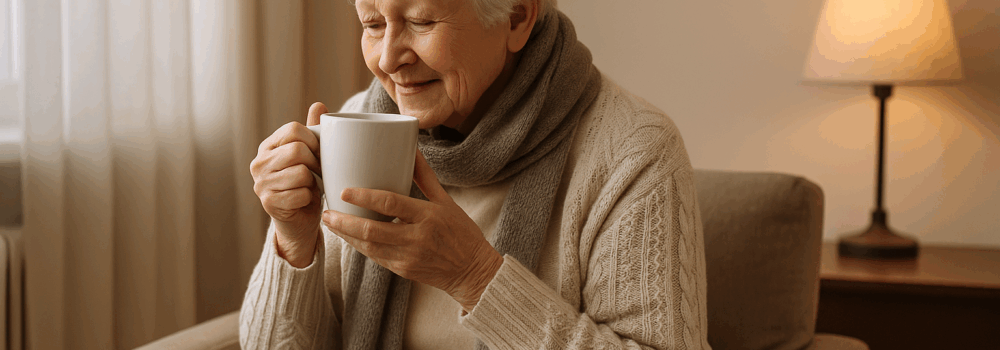 Elderly woman in her living room in a warm jumper and scarf drinking a cup of tea this winter