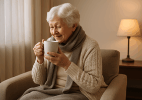 Elderly woman in her living room in a warm jumper and scarf drinking a cup of tea this winter