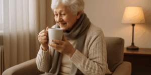 Elderly woman in her living room in a warm jumper and scarf drinking a cup of tea this winter