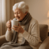 Elderly woman in her living room in a warm jumper and scarf drinking a cup of tea this winter