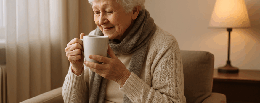 Elderly woman in her living room in a warm jumper and scarf drinking a cup of tea this winter