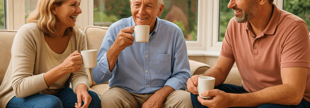 Elderly father enjoys a cup of tea with his daughter and son in the living room