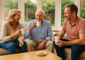 Elderly father enjoys a cup of tea with his daughter and son in the living room