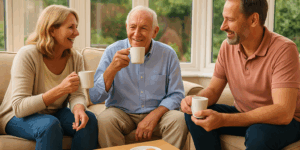 Elderly father enjoys a cup of tea with his daughter and son in the living room