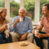 Elderly father enjoys a cup of tea with his daughter and son in the living room