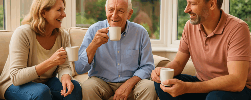 Elderly father enjoys a cup of tea with his daughter and son in the living room