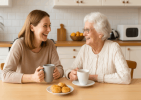Grandmother and granddaughter in the kitchen enjoying a cup of tea together