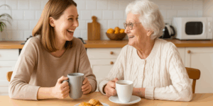 Grandmother and granddaughter in the kitchen enjoying a cup of tea together