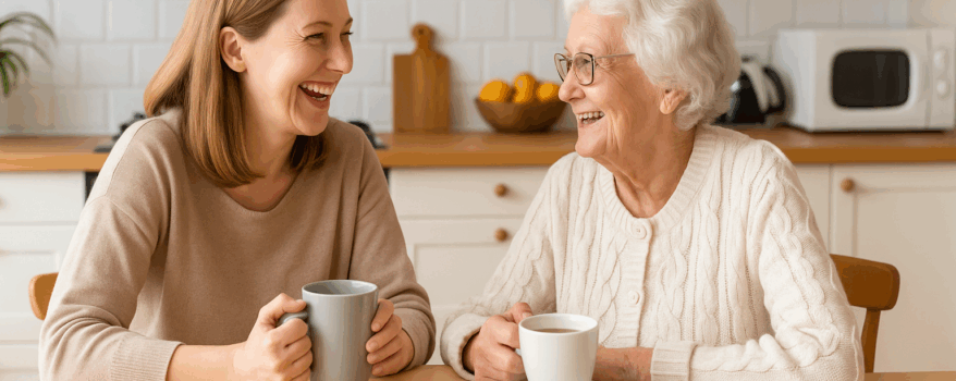 Grandmother and granddaughter in the kitchen enjoying a cup of tea together
