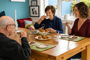 Elderly Parents and adult daughter enjoying time together with tea and cake