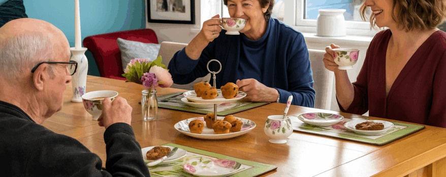 Elderly Parents and adult daughter enjoying time together with tea and cake