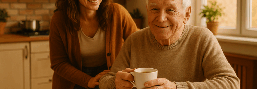 Elderly man holding a cup of tea in the kitchen looking at forms for Aged Care with his adult daughter