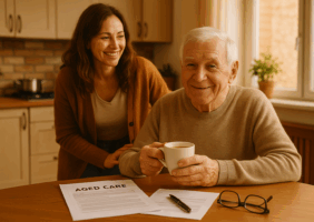 Elderly man holding a cup of tea in the kitchen looking at forms for Aged Care with his adult daughter