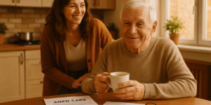 Elderly man holding a cup of tea in the kitchen looking at forms for Aged Care with his adult daughter
