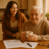 Elderly man holding a cup of tea in the kitchen looking at forms for Aged Care with his adult daughter