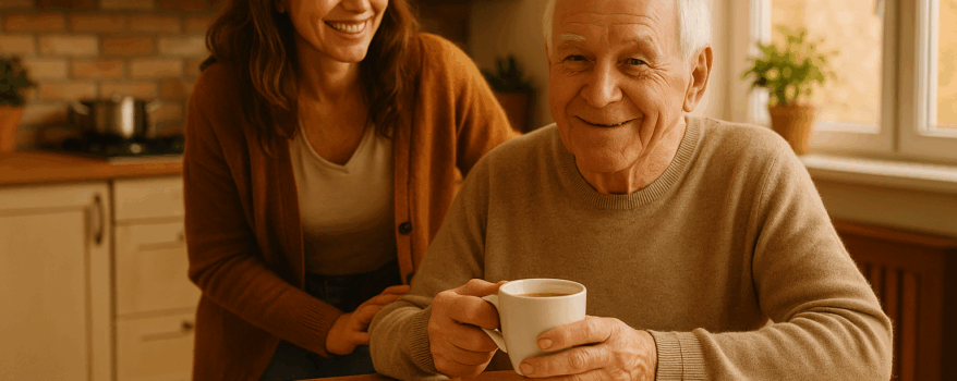 Elderly man holding a cup of tea in the kitchen looking at forms for Aged Care with his adult daughter