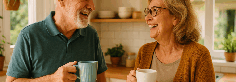 Elderly couple enjoying tea together in the kitchen