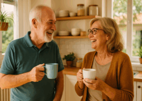 Elderly couple enjoying tea together in the kitchen