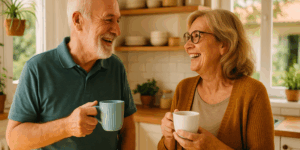 Elderly couple enjoying tea together in the kitchen