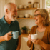 Elderly couple enjoying tea together in the kitchen