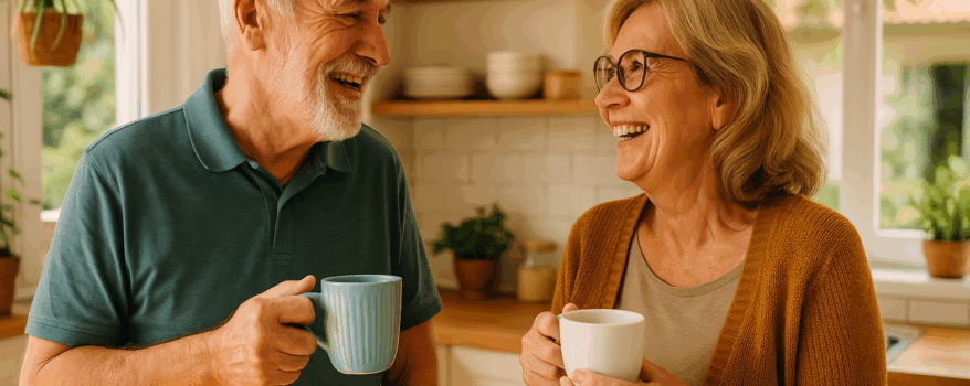 Elderly couple enjoying tea together in the kitchen